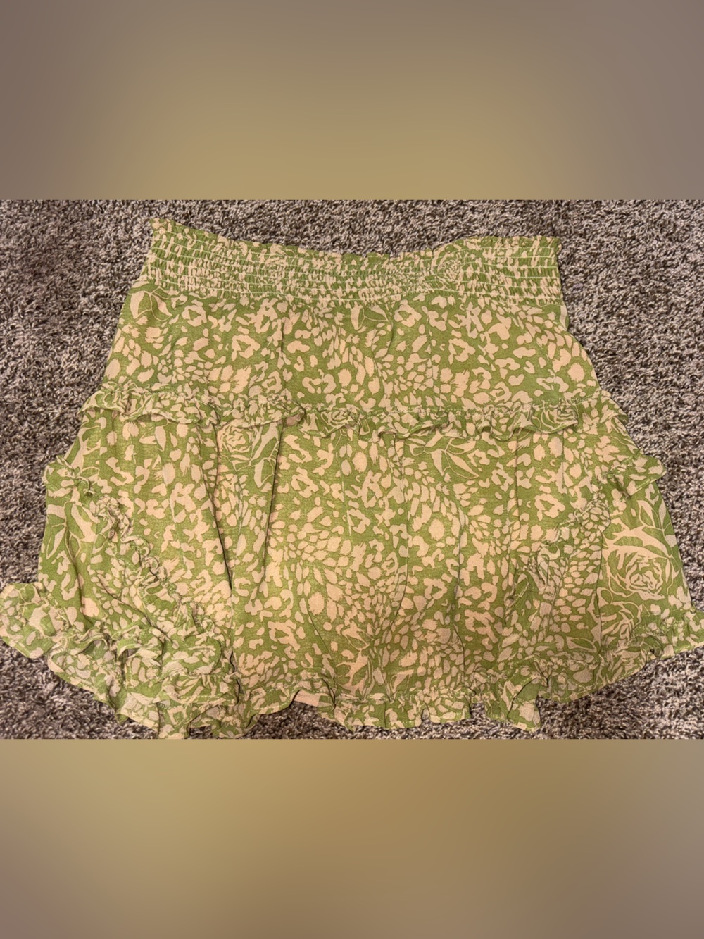 Urban Outfitters Olive Green & Beige Smocked Waist Mini Skirt